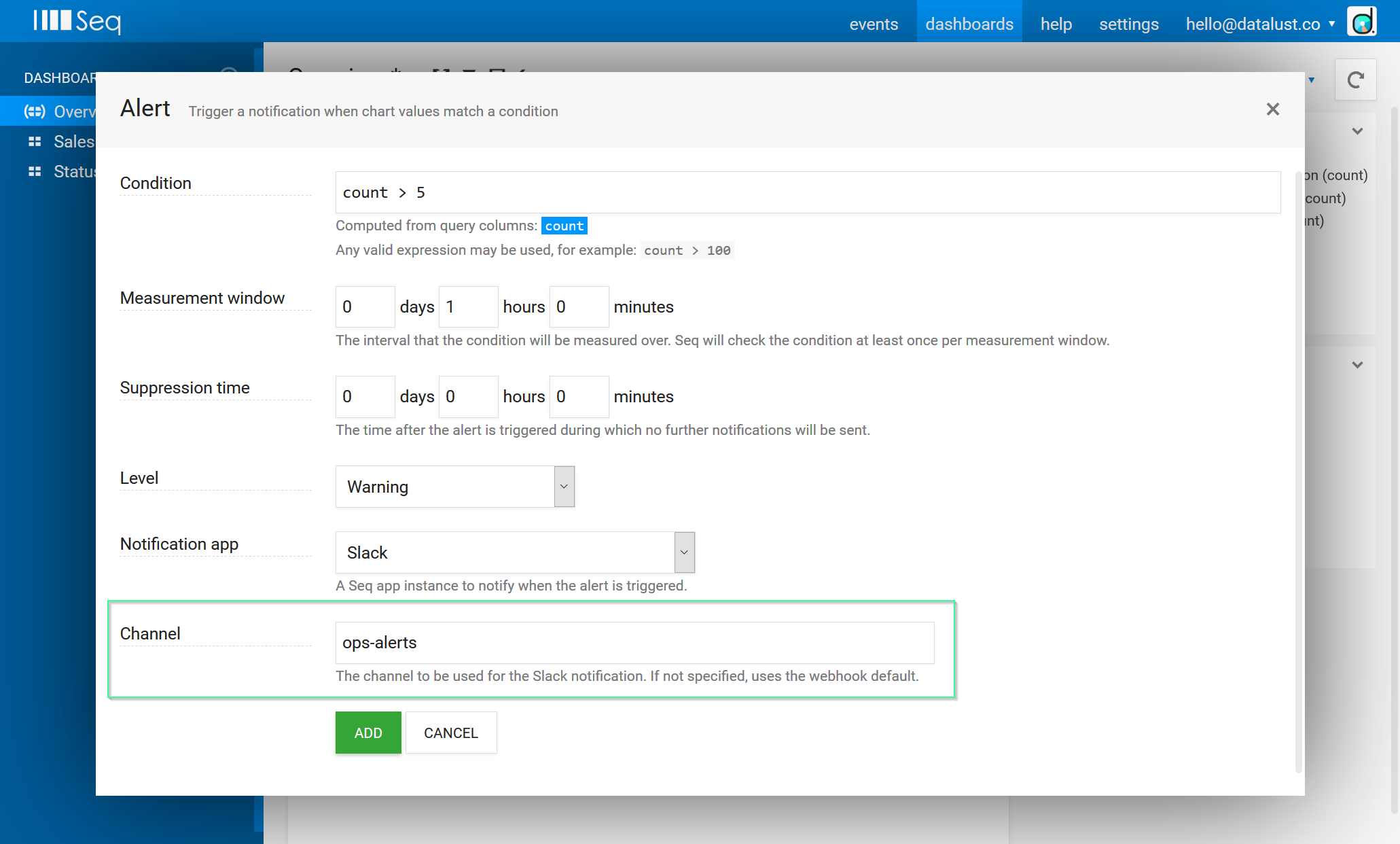 Alert with channel override