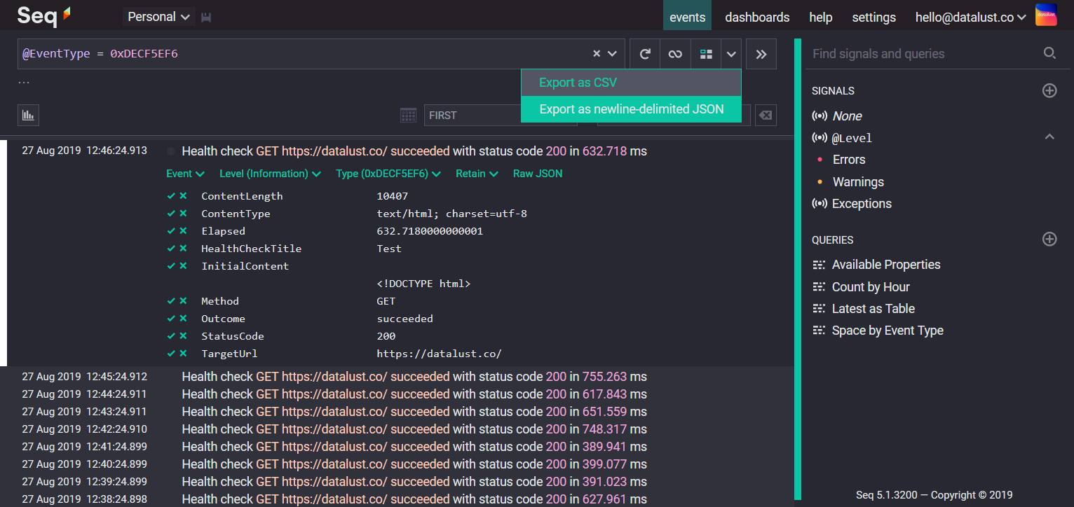 Seq screenshot showing JSON export menu item