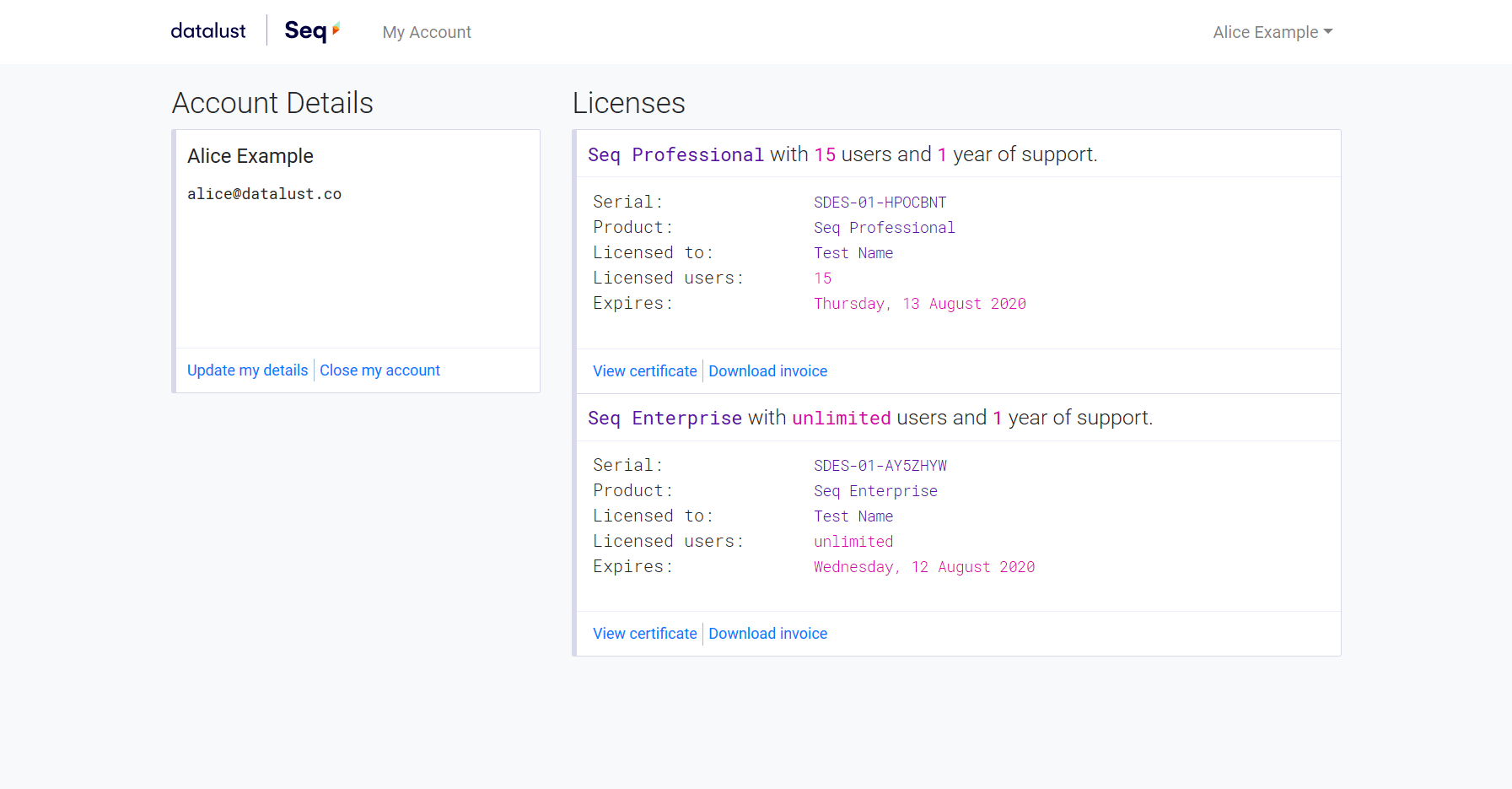 Account homepage showing Seq licenses