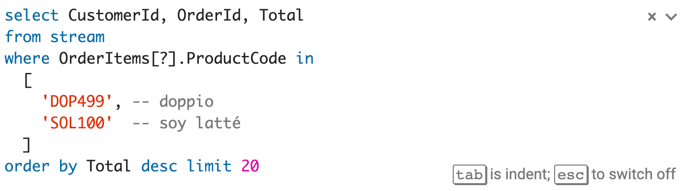 Screenshot of a Seq query "select CustomerId, OrderId Total from stream..." with comments, for example "-- soy latte"