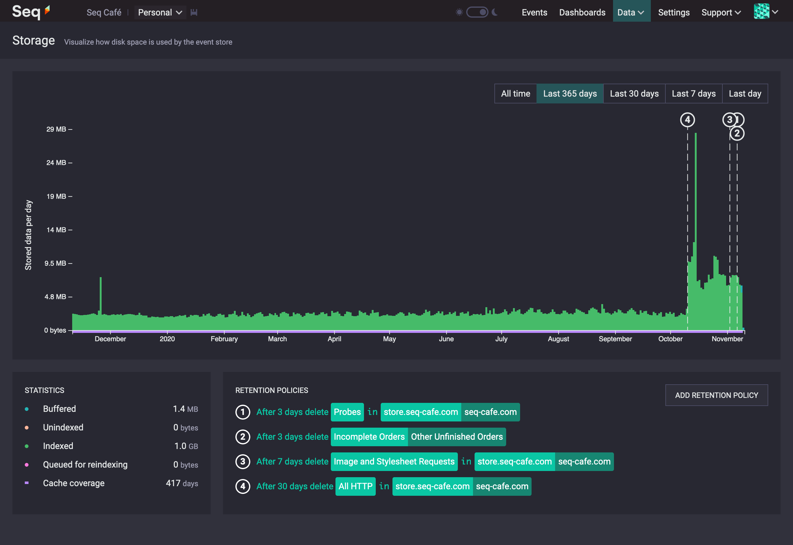 The Storage screen showing stored data by time, with retention policies marked.