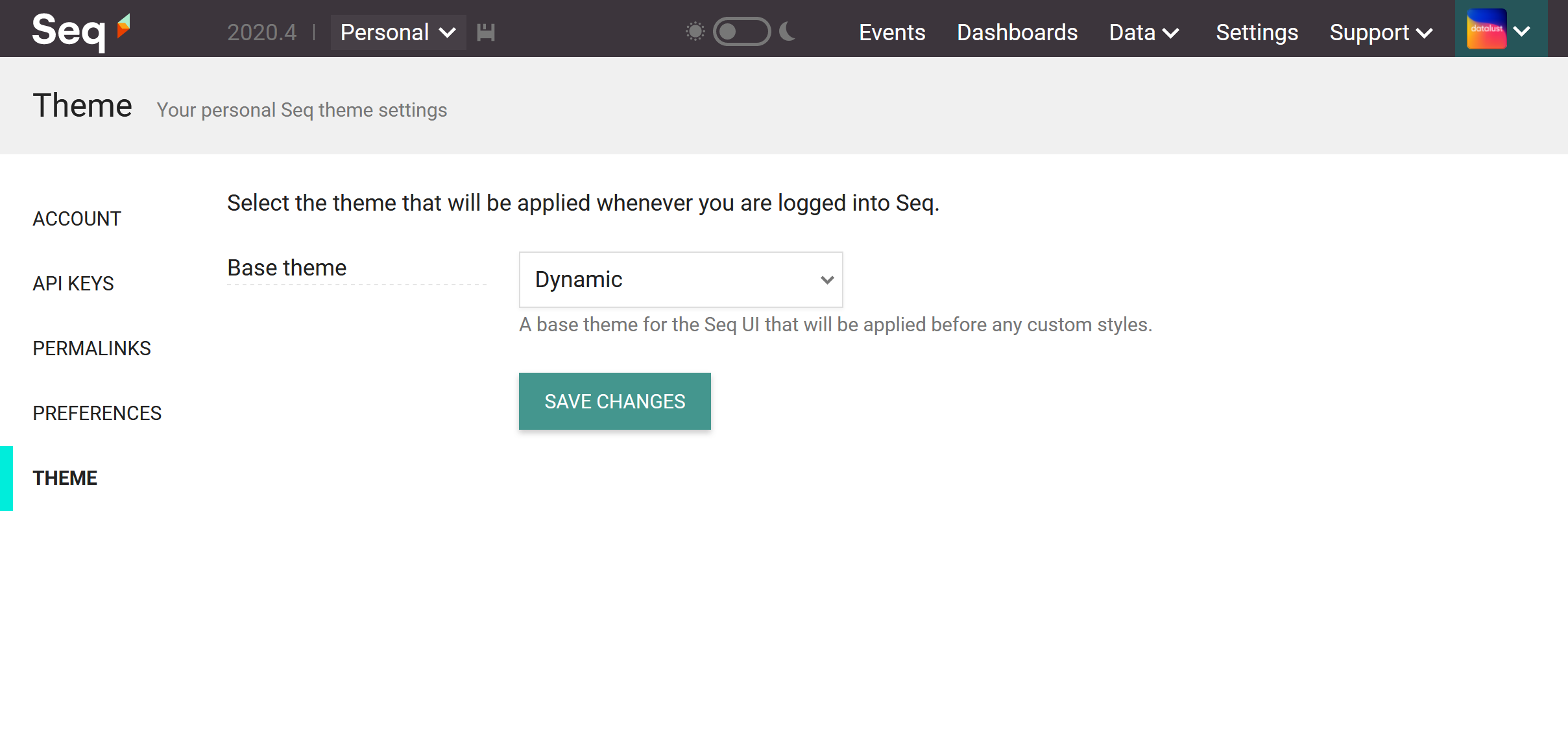 The Seq user preferences Theme page, showing the base theme selector with Dynamic option selected.