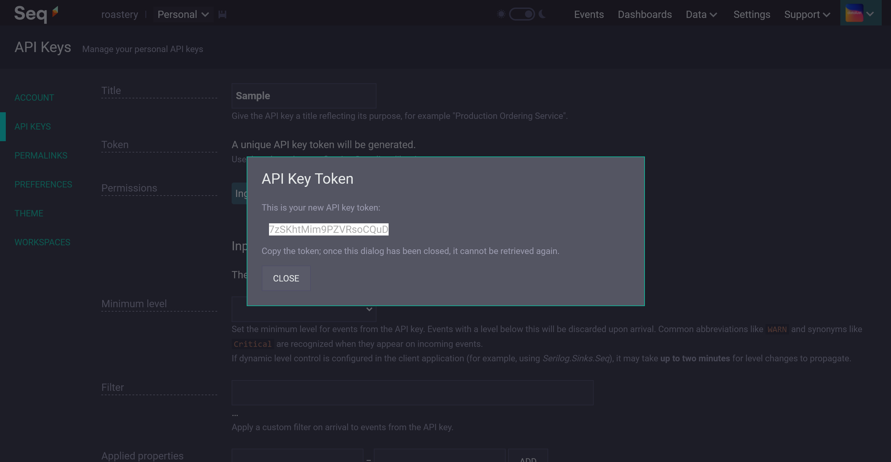 Screenshot showing a newly-generated personal API key token in Seq.
