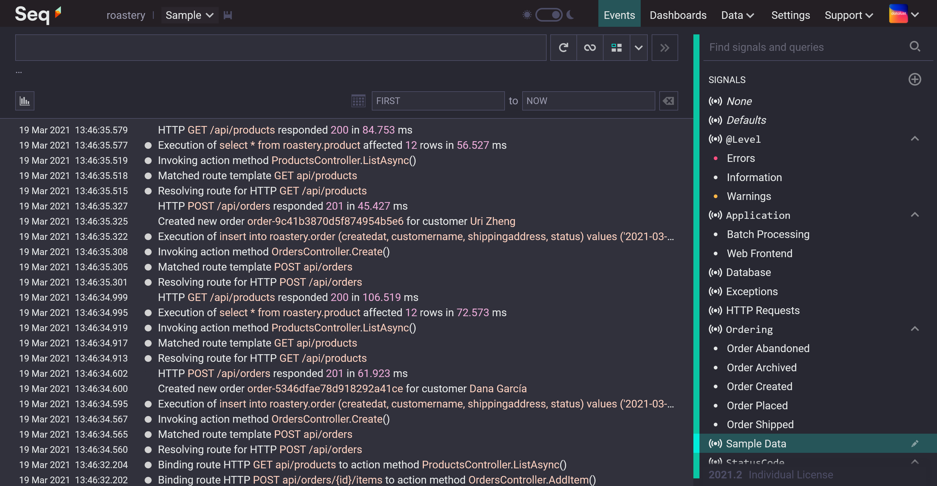 The Seq Events screen, showing the Sample workspace and Sample Data signals selected, with log events describing fictitious coffee bean orders.