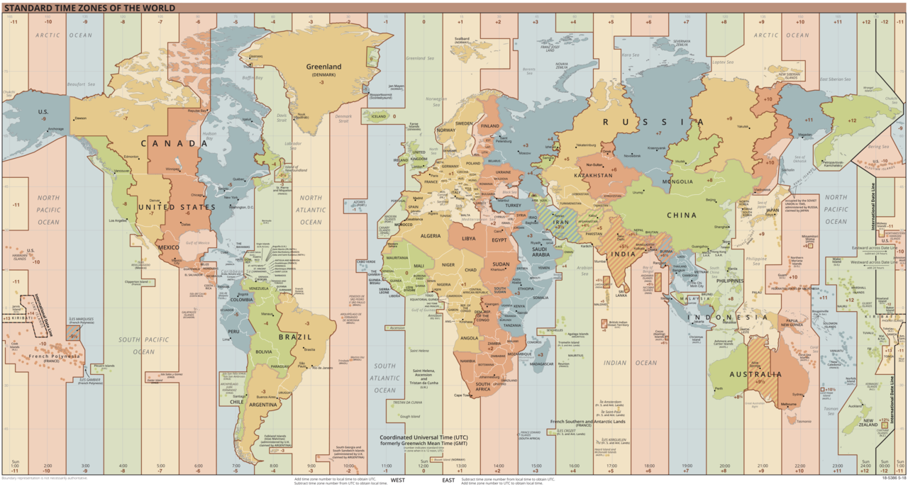 World map showing time zones.
