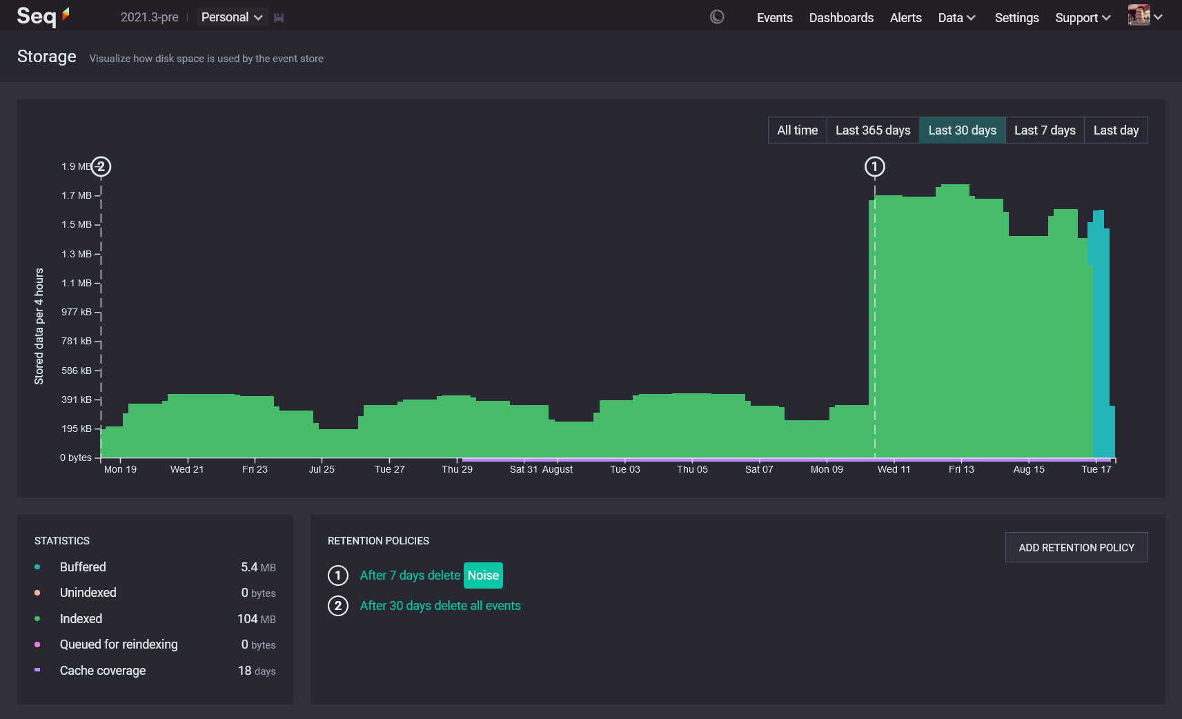 The Seq Storage screen