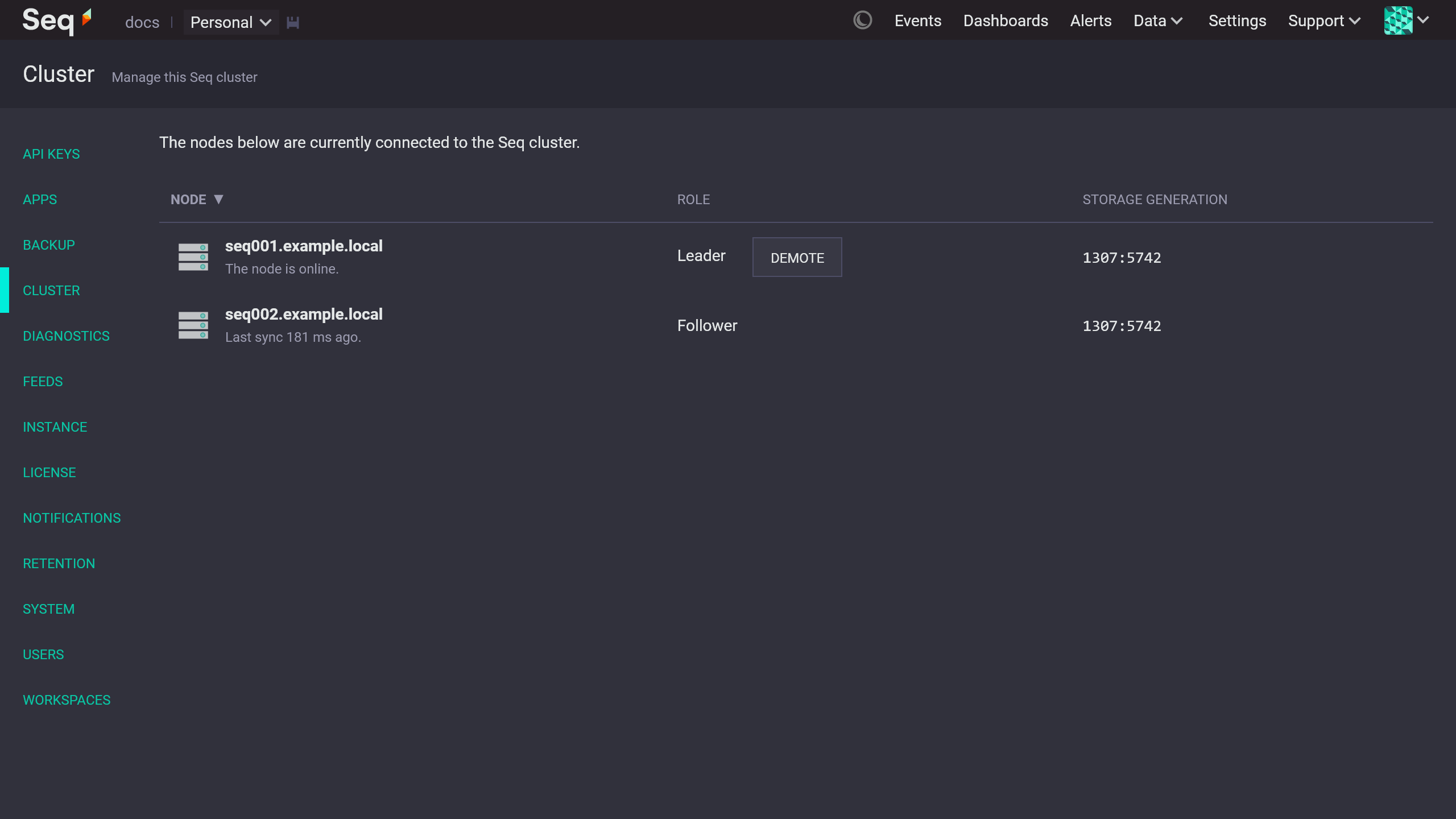 Settings > Cluster page showing two connected nodes; leader node has "Demote" option; follower node is annotated with "last syn 181 ms ago".