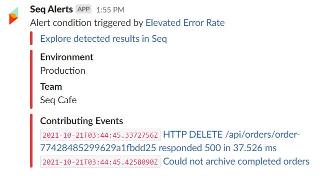 Seq Alerts error notification in Slack, showing Environment and Team tags, along with two contributing events.