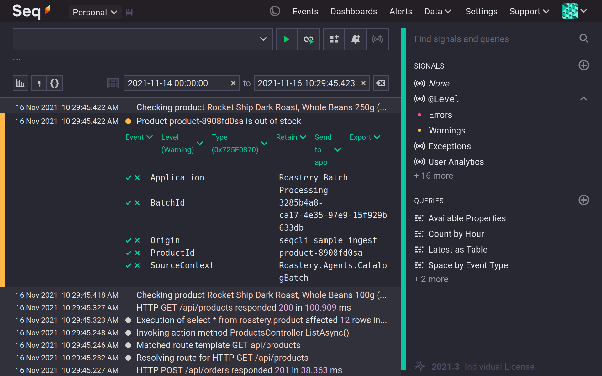 Seq user interface showing a list of log events; a single warning event is expanded "Product (id) is out of stock".