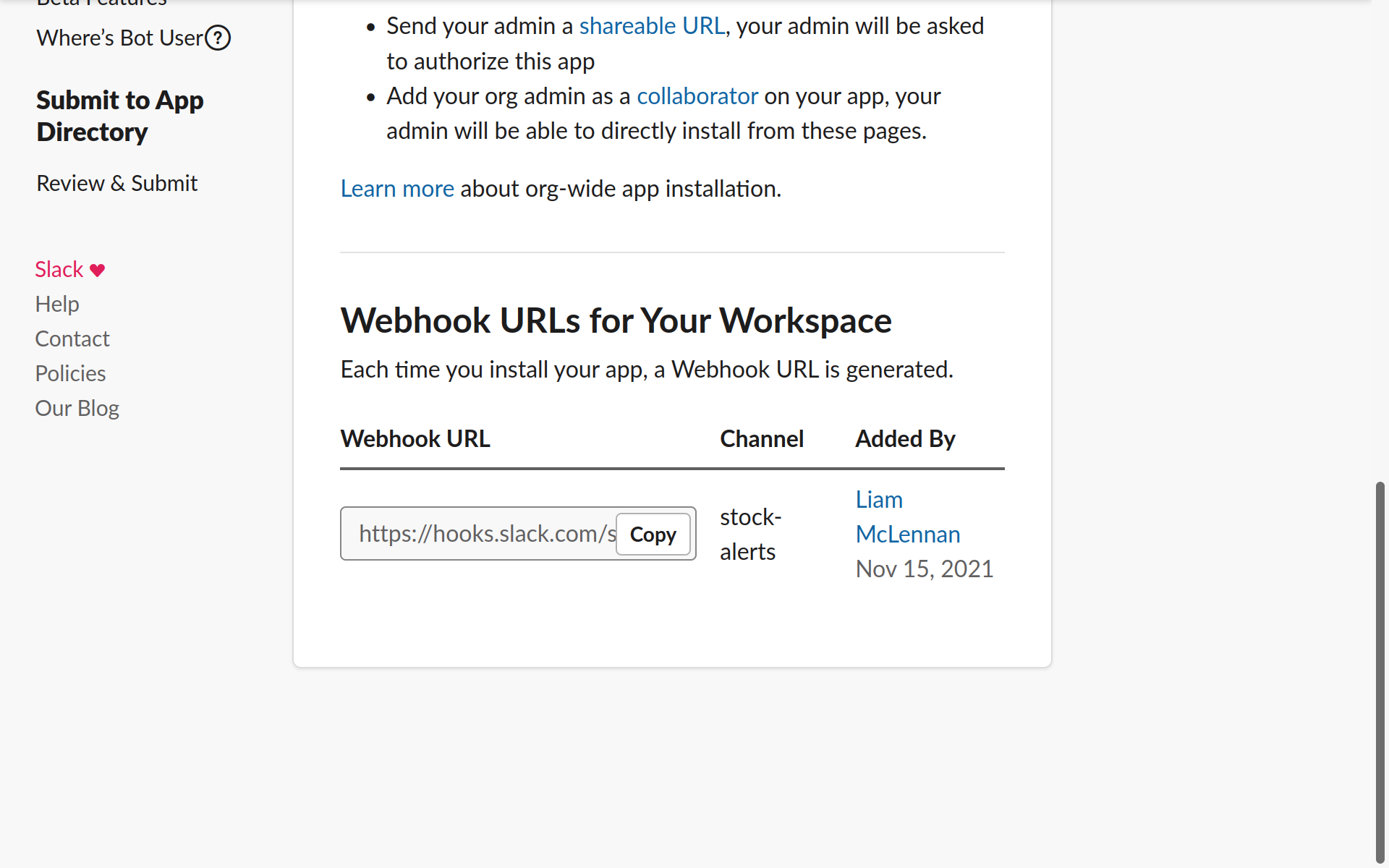 Slack Webhook configuration screen showing "Webhook URLs for Your Workspace", a URL, and a copy button.