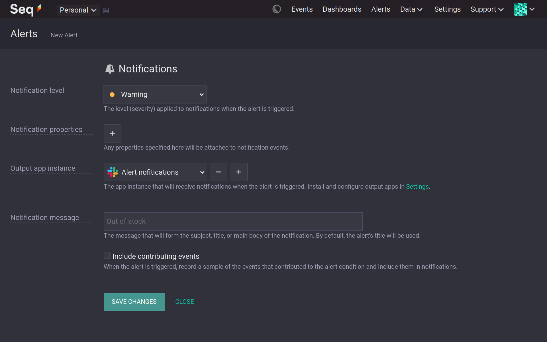 Seq Alerts edit screen scrolled to Notifications section showing warning notification level selected, and Slack "Alert notifications" output selected.