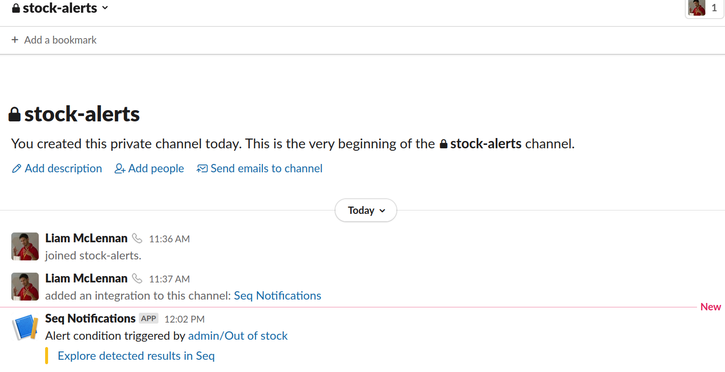 Slack UI showing channel with message from "Seq Notifications" app "Alert condition triggered by admin/Out of Stock", and link "Explore detected results in Seq".