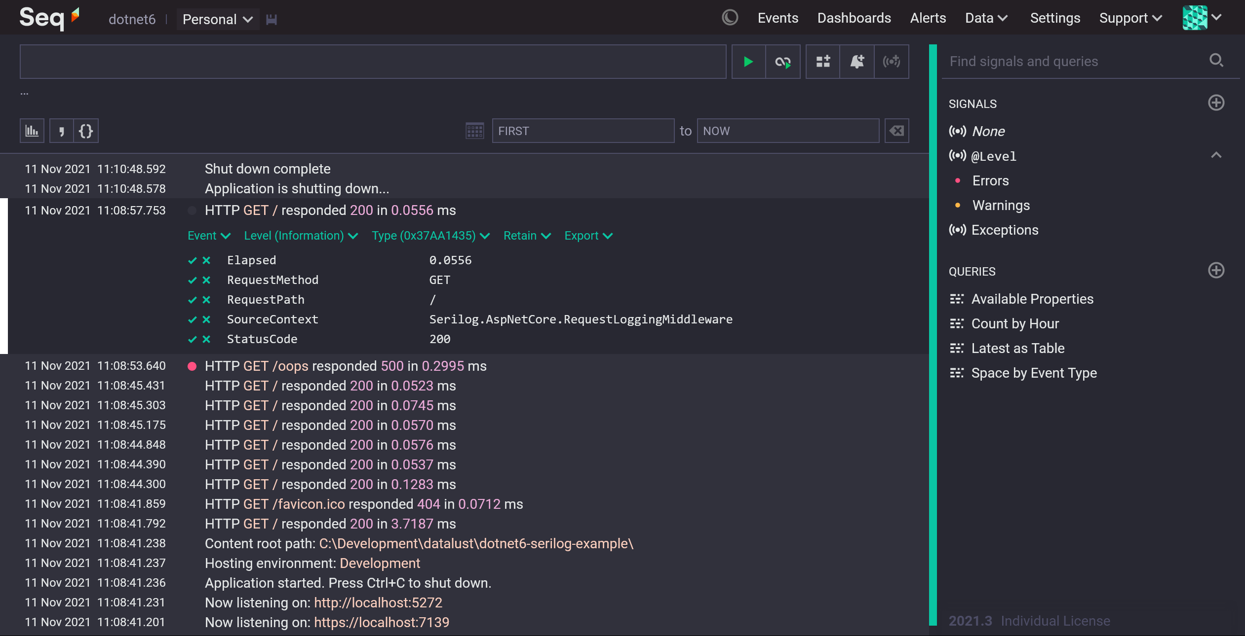 .NET 6 web application logs in Seq; the view shows application startup events, a series of requests, and final application shut-down.