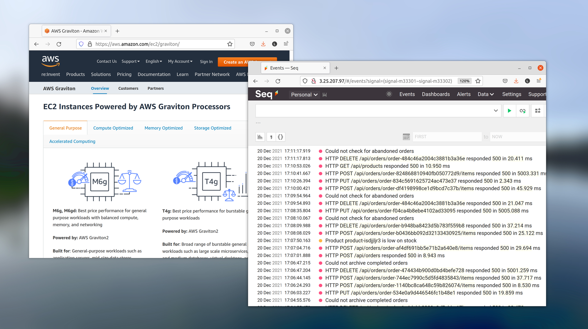A screenshot showing a web browser open at the AWS Graviton product page, and a separate browser window showing Seq 2021.4.