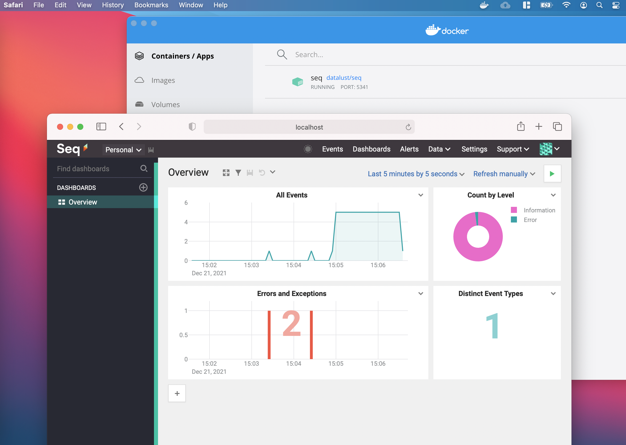 Screenshot showing macOS with Docker Desktop open in one window, and a Safari browser window open showing the Seq Dashboards page on localhost.