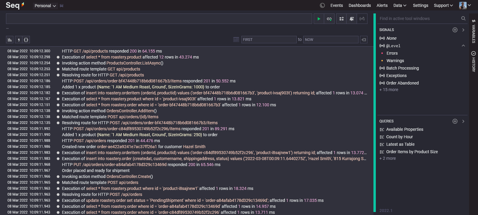 Seq 2022.1 Events screen with Signals and Queries tool windows expanded.