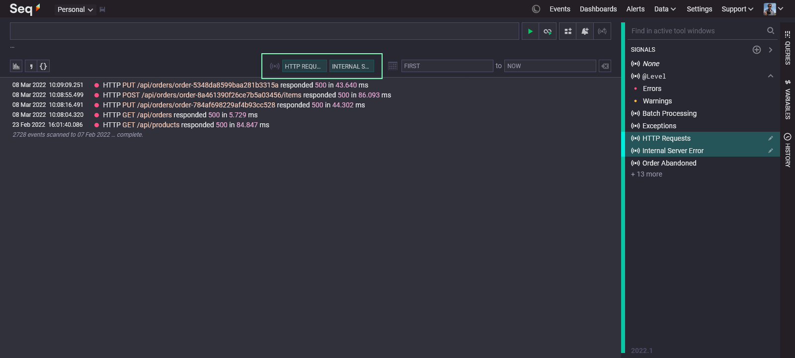 Seq 2022.1 Events screen with activated signals shown.