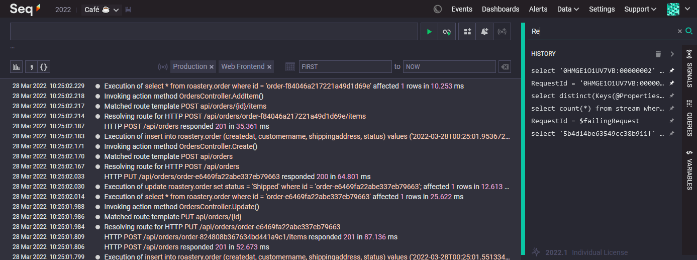 Seq events screen showing new History window; filter box above shows the input text Re, history entries that include the text Re are shown.