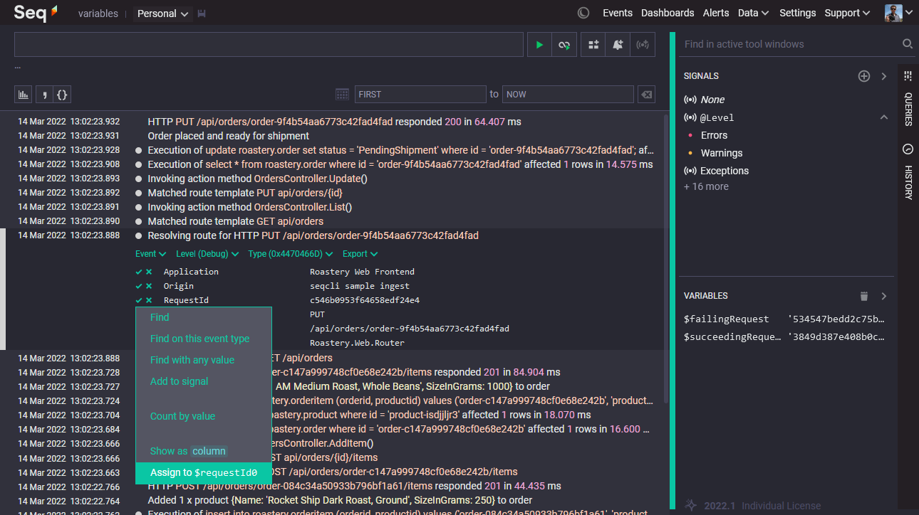 Drop-down menu expanded next to "RequestId", with "Assign to $requestId0" selected.