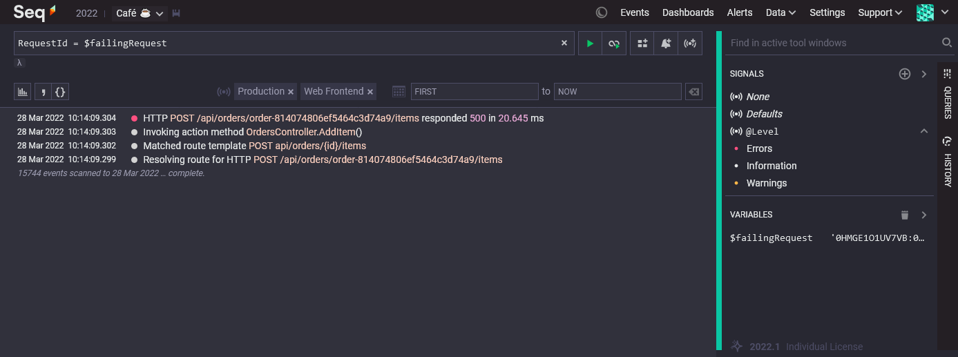 Seq log search RequestId = $failingRequest, showing four matching events. Variables window in the right hand pane shows $failingRequest = '0HMGE1O1UV7VB:00000002'