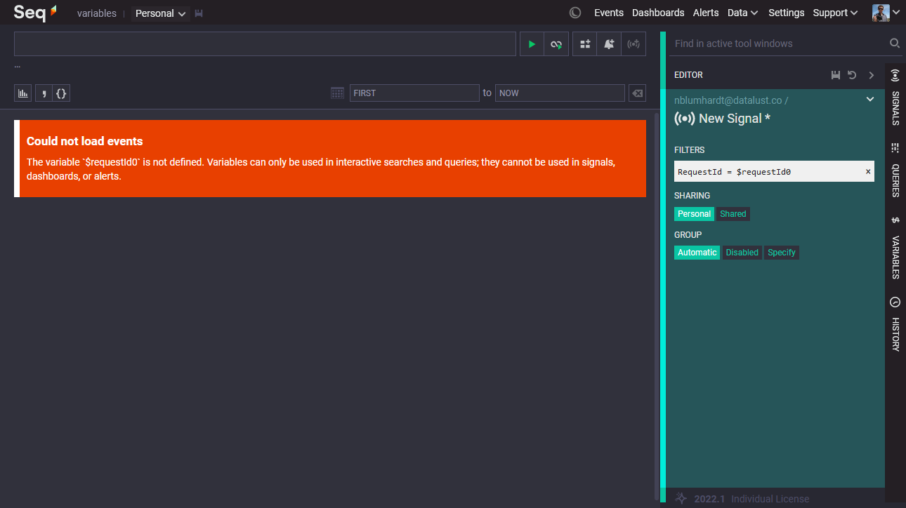 A new signal with filter "RequestId = $requestId0". The search results pane shows the error "The variable $requestId0 is not defined. Variables can only be used in interactive searches and queries, they cannot be used in signals, dashboards, or alerts."