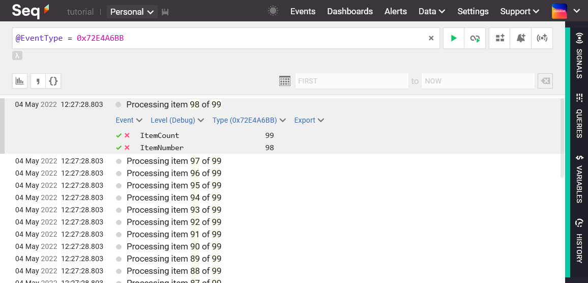 Searching for events in Seq by event type.