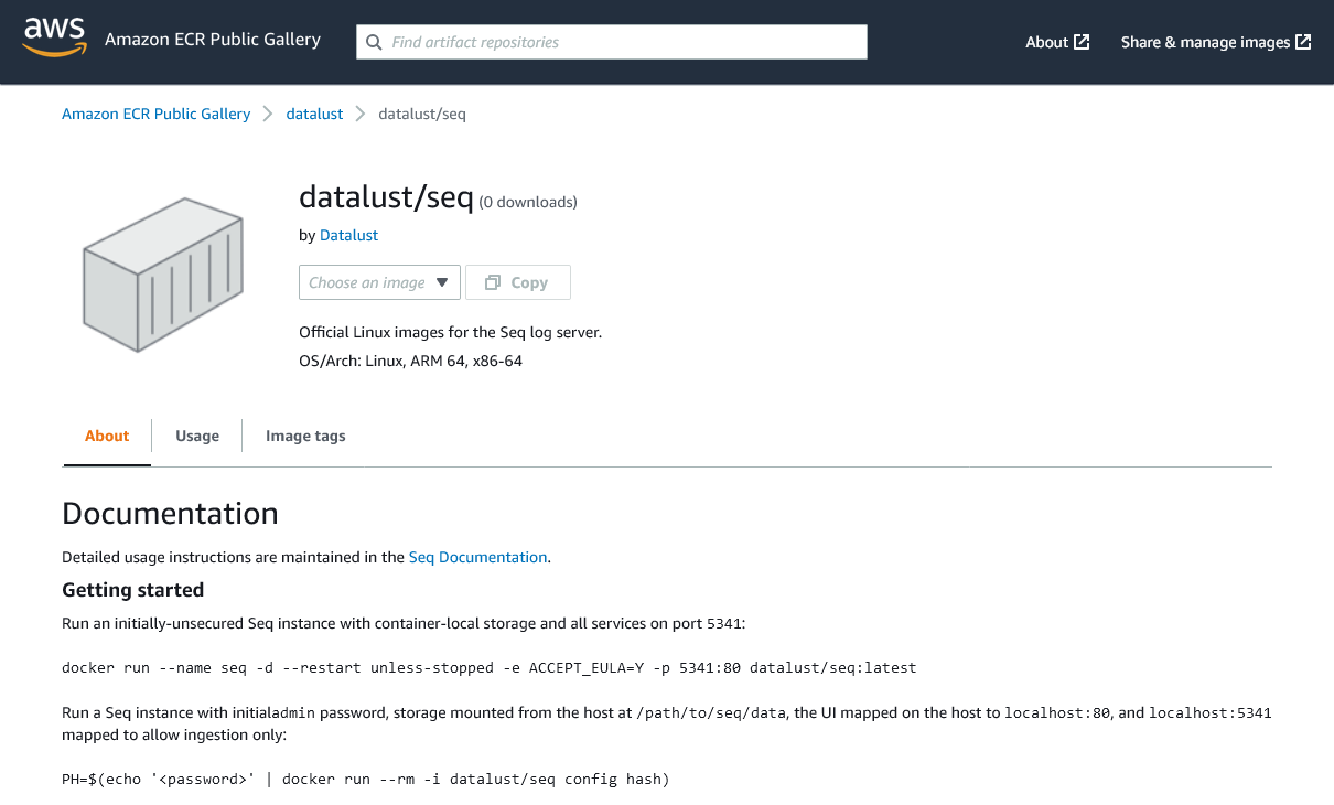 Screenshot of the datalust/seq repository README on the ECR Public Gallery.