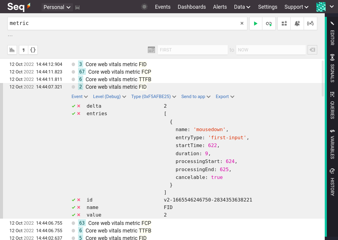 Seq showing metric events, with one expanded