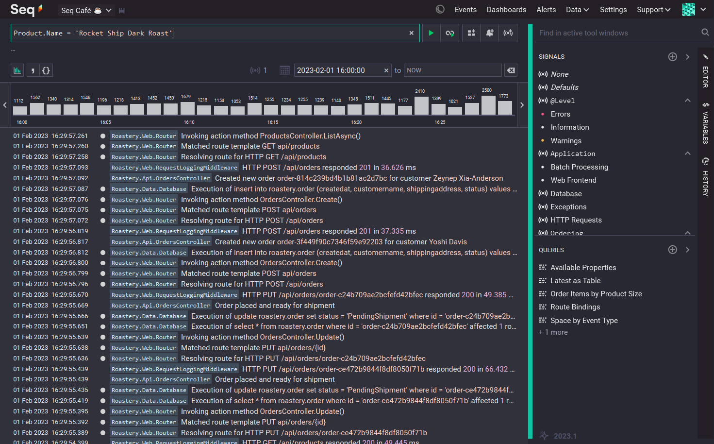 The Seq Events screen, showing an example query.