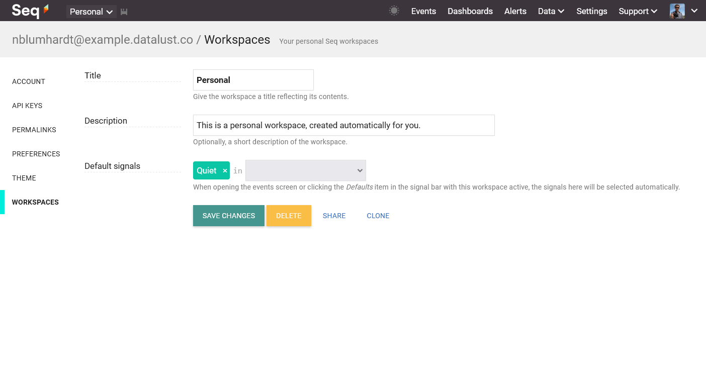 Workspace edit screen. The title of the workspace is Personal. In "Default signals" the Quiet signal from the previous step is selected.