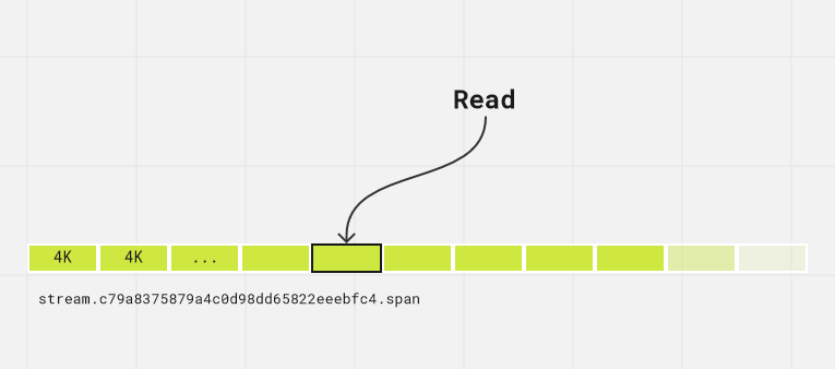 A diagram showing a file broken up into 4K pages. Read operations work at page-level granularity.
