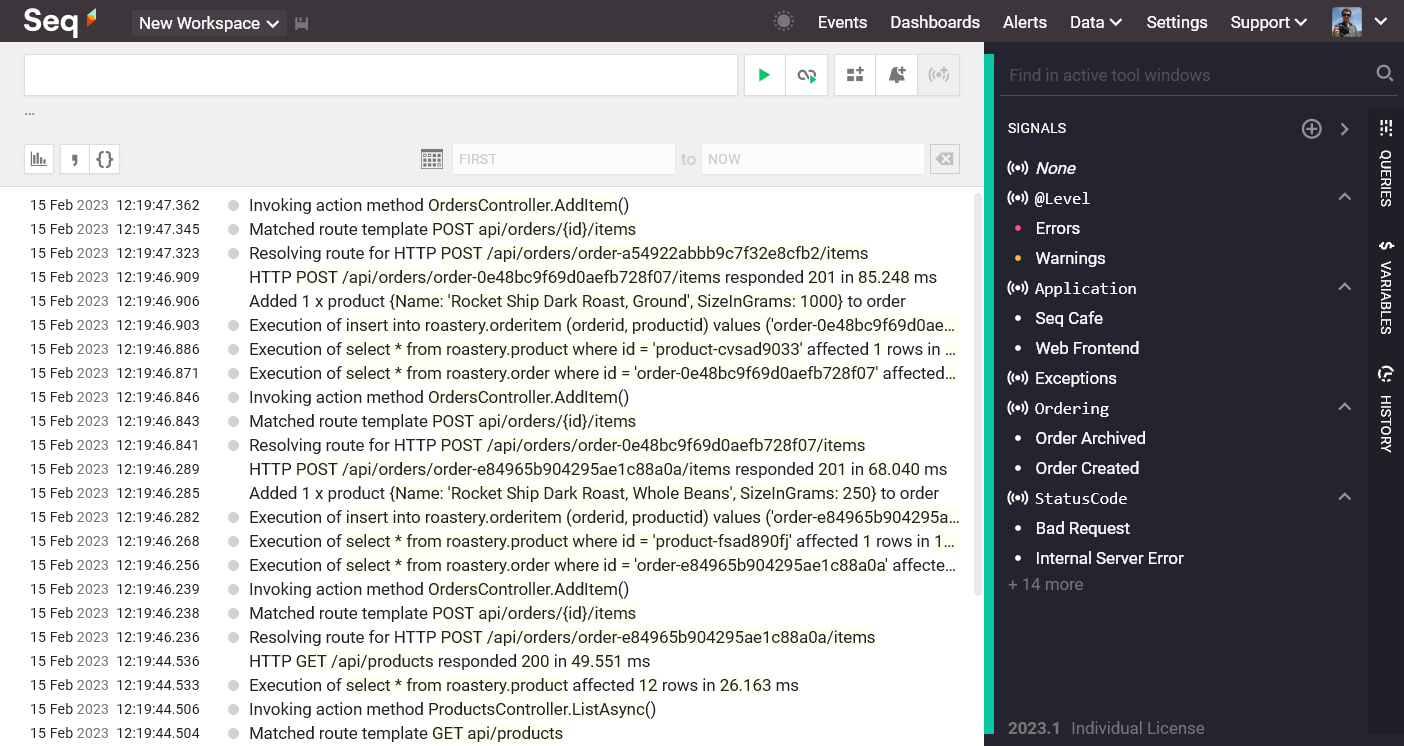 The Seq Events screen, with unfiltered log stream including fine-grained database operation timings.