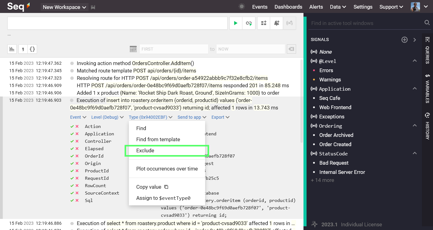 Events screen with a single database operation timing event selected. A drop-down is shown beneath the "Type" menu item, with submenu item "Exclude" highlighted.