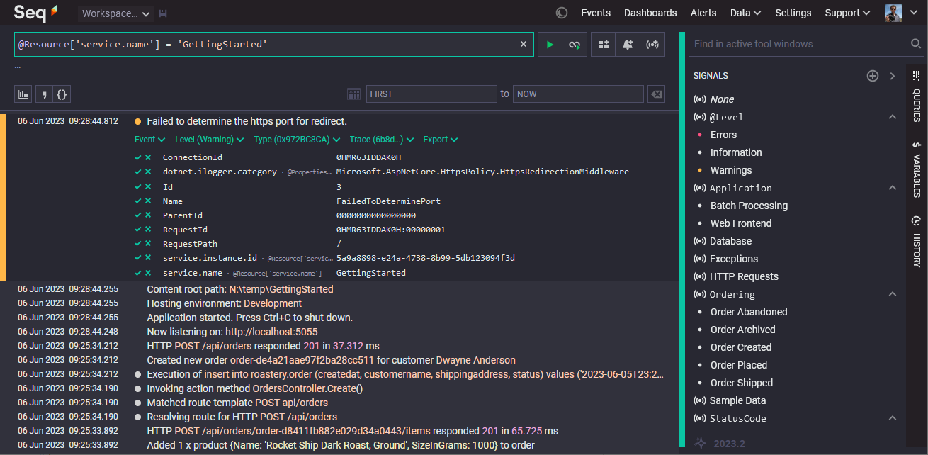 Seq Events screen showing events from the .NET OpenTelemetry SDK.