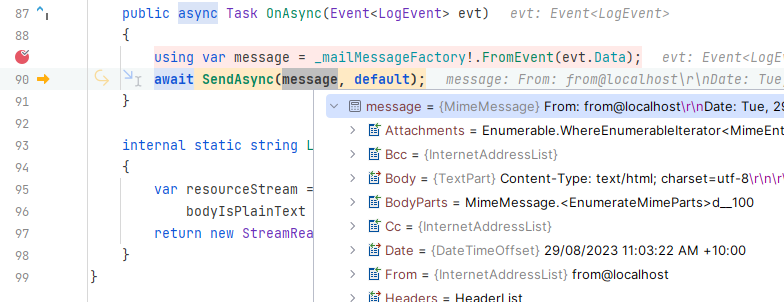Screenshot of a debugger stepping through source code from the Seq.App.Mail.SmtpMailApp class.