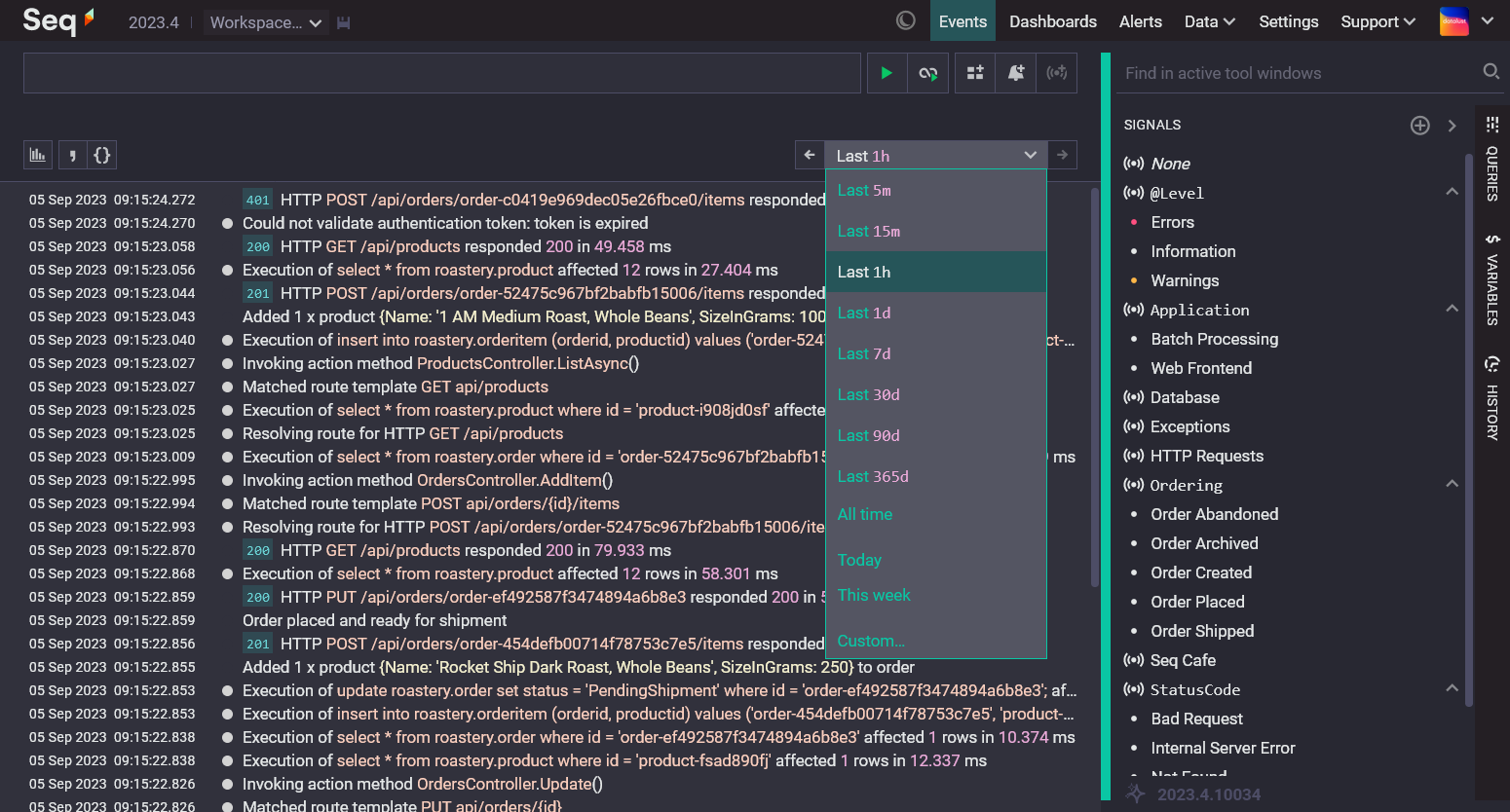 Seq 2023.4 Events screen, showing a drop-down selector in place of the old From/To date range controls. The list shows options from Last 5m to Last 365d, all time, today, this week, and custom.