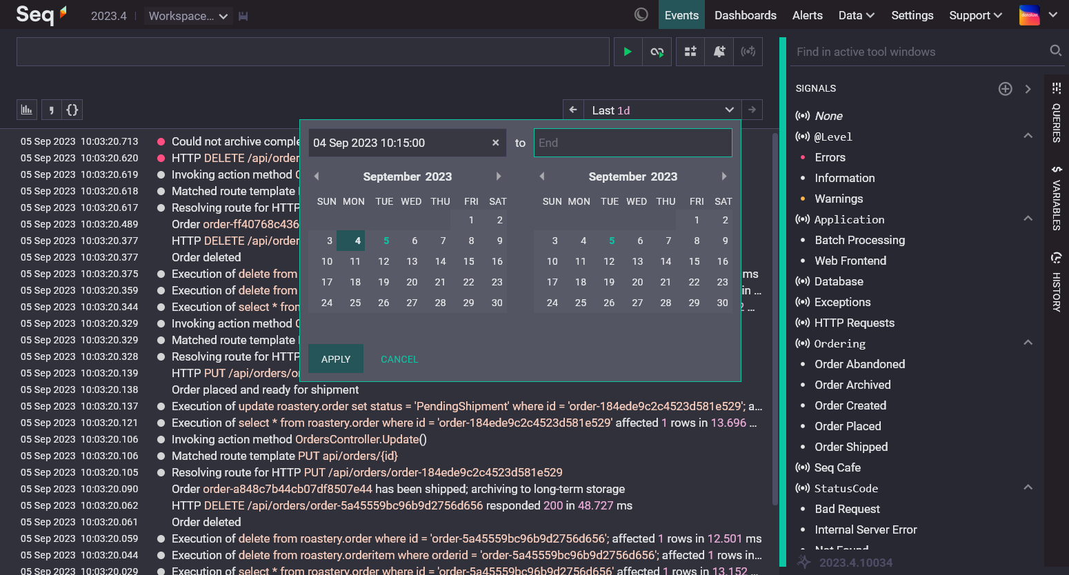 Seq 2023.4 Events screen, with custom date range picker show. Two calendar controls show start and end dates.