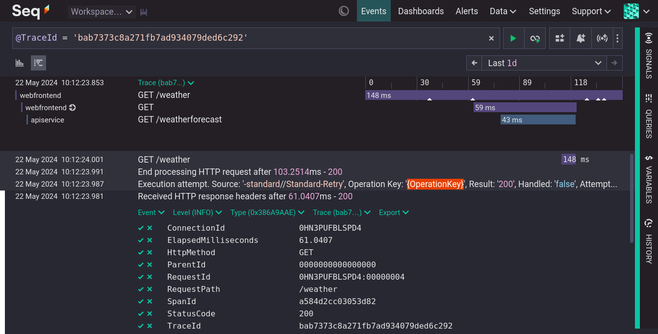 The Seq user interface unifies logs and traces into a single view and timeline.