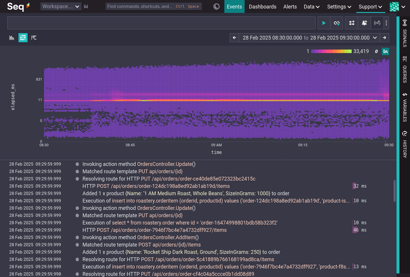 Seq Events page with a heatmap of `@Elapsed` over time.