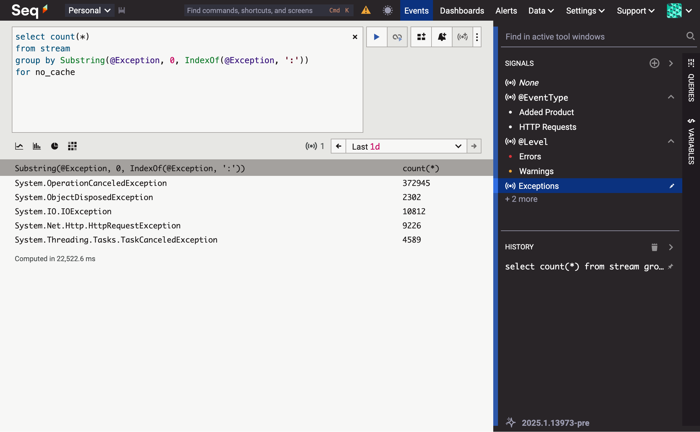 Results of the query "select count(*) from stream group by Substring(@Exception, 0, IndexOf(@Exception, ':')) for no_cache". The elapsed time is shown as 22,522.6 ms.