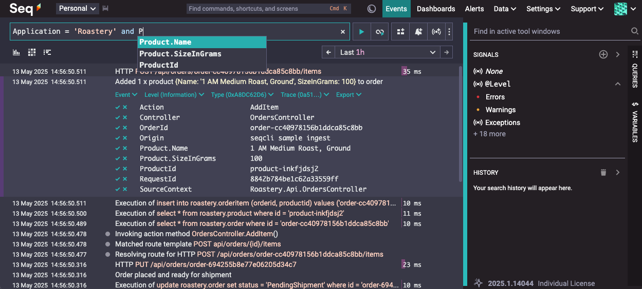 The Seq events screen in the refreshed dark theme.