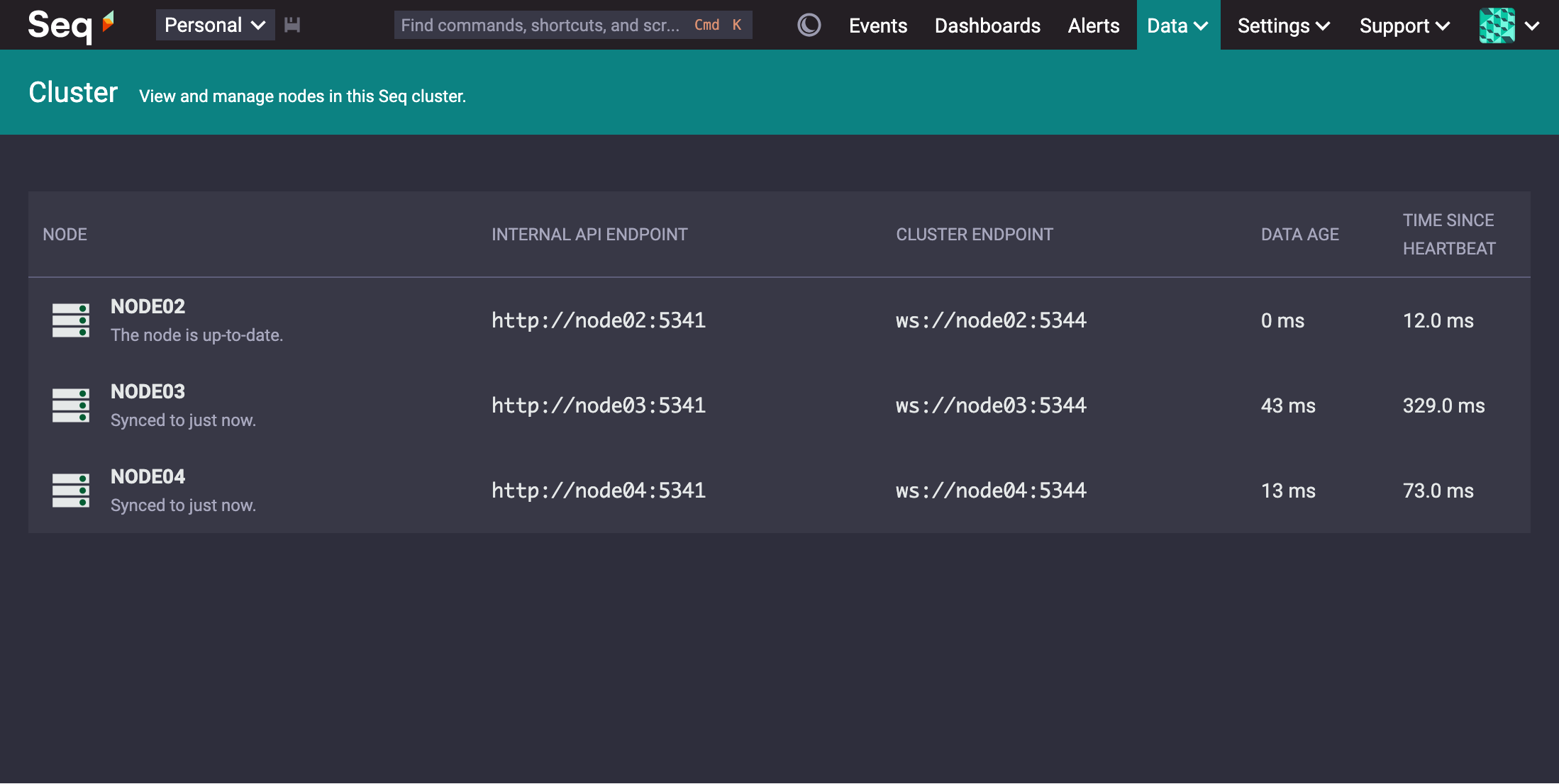 The Settings > Cluster page in the Datalust test cluster. Three nodes are shown, node 2 with 0 ms data age, node 3 at 45 ms, and node 4 at 15 ms.