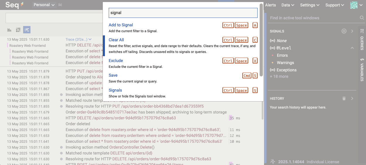 The Seq Events screen, showing the command palette dialog as an overlay. The dialog comprises a search box and a list of matching commands. The search box has been filled with the word "signal", and the command list shows matches including "Add to Signal", "Clear All", "Exclude", "Save", and "Signals", each with help text. Beside the matching command names are the shortcut key sequences for each command, for example Add to Signal is Ctrl Space, A.