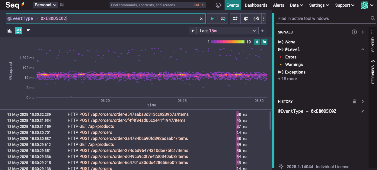 The Seq Events screen with the @Elapsed heatmap visualization shown. The axes of the heatmap are @Elapsed on the vertical/y axis, and time on the horizontal/x axis. Cells in the heatmap are colored according to the number of spans whose elapsed time falls within that cell.