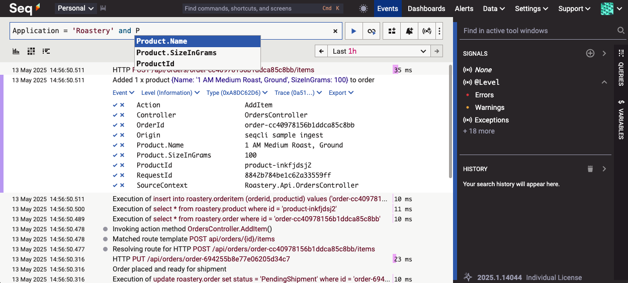 The Seq Events screen shown in the new default light theme.